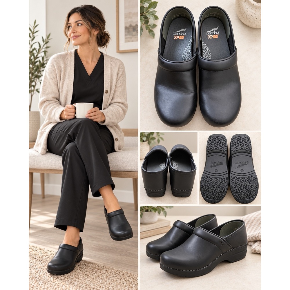 Dansko XP 2.0 Black Leather Clogs Size 38 New Unused Comfort Work Shoes